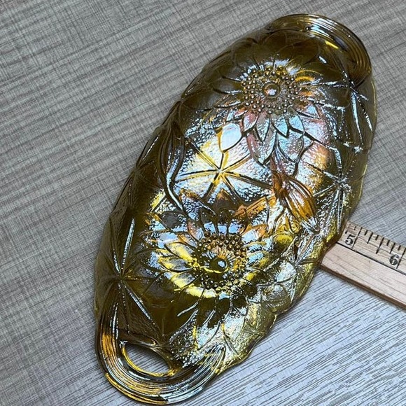 Vtg Retro Sunflower Floral Amber Lustre Glass Candy Dish Relish Condiment - Picture 10 of 10